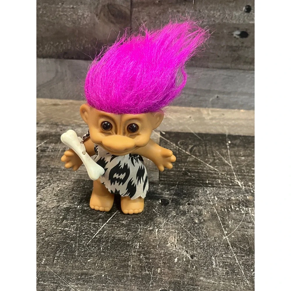 Vintage Russ Berrie Caveman Troll Doll Pink Hair Bone Accessory Animal Print